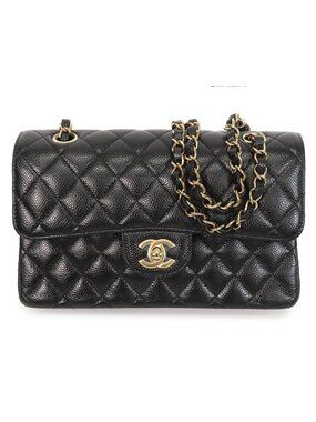 Chanel Chain Black Gold Caviar Leather Quilted 23 Double Flap Shoulder Bag